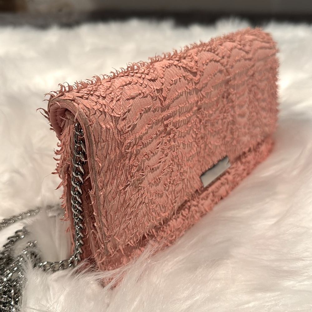 Loeffler Randall VERY RARE Tab Bag Leather Clutch Fringe Pink Chain Crossbody